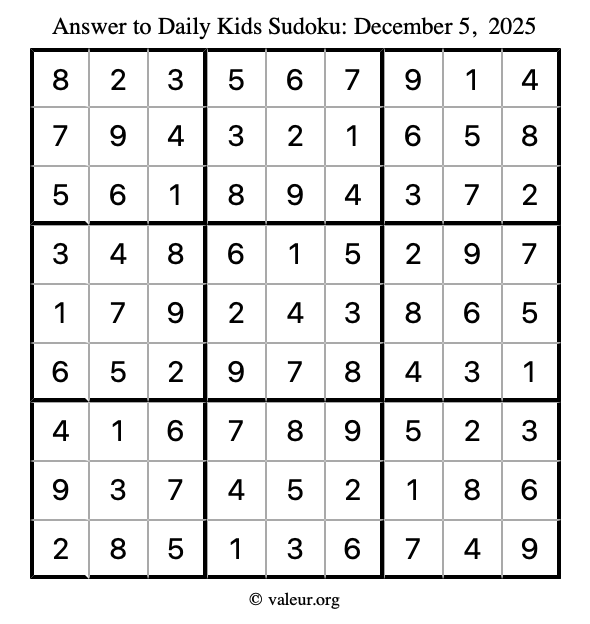 Answer to kids sudoku December 5, 2025