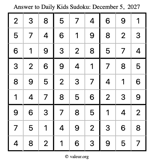 Answer to kids sudoku December 5, 2027