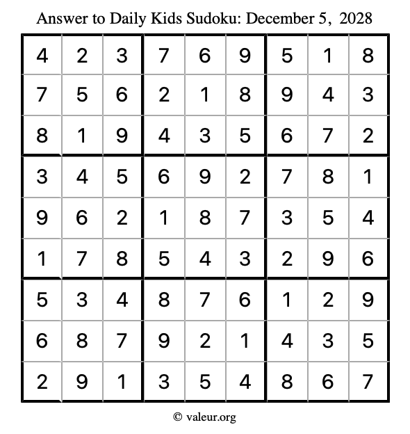 Answer to kids sudoku December 5, 2028