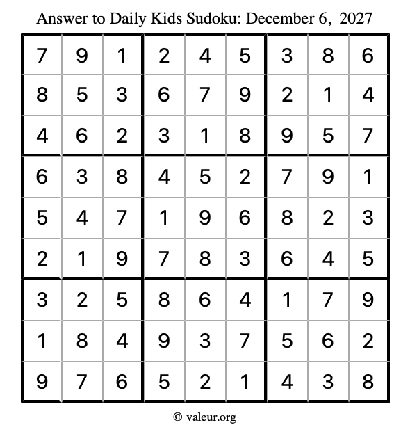 Answer to kids sudoku December 6, 2027