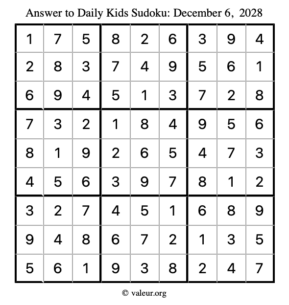 Answer to kids sudoku December 6, 2028