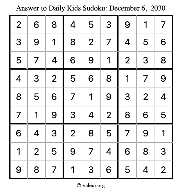 Answer to kids sudoku December 6, 2030