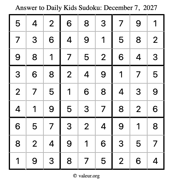 Answer to kids sudoku December 7, 2027