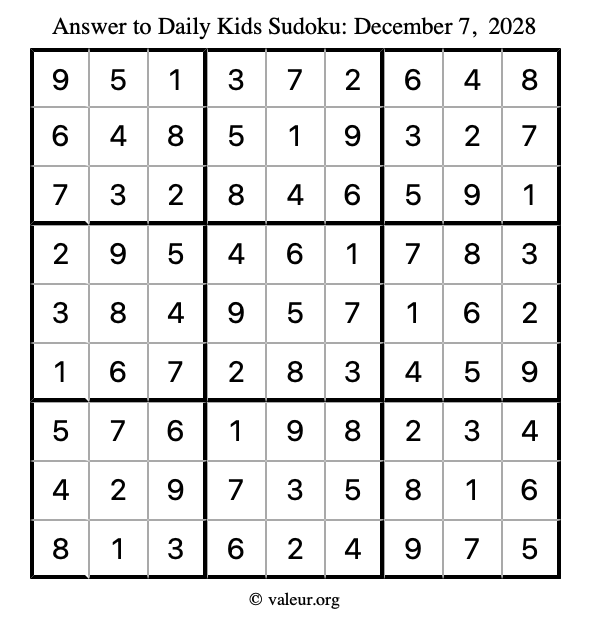 Answer to kids sudoku December 7, 2028