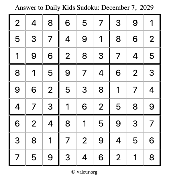 Answer to kids sudoku December 7, 2029