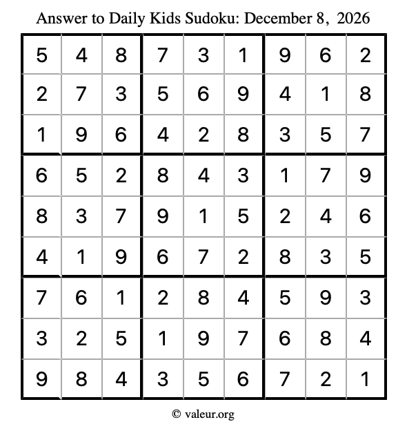 Answer to kids sudoku December 8, 2026