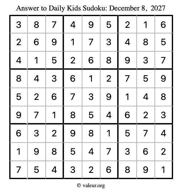 Answer to kids sudoku December 8, 2027