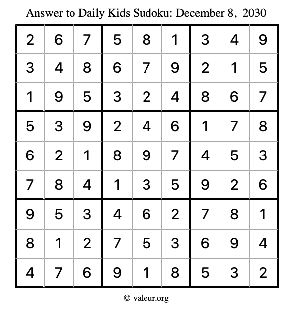 Answer to kids sudoku December 8, 2030