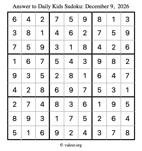 Answer to kids sudoku December 9, 2026