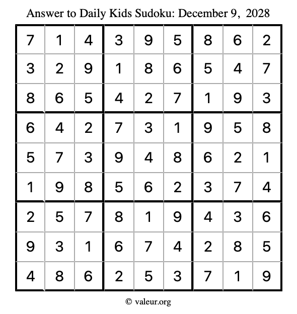 Answer to kids sudoku December 9, 2028
