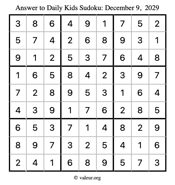 Answer to kids sudoku December 9, 2029