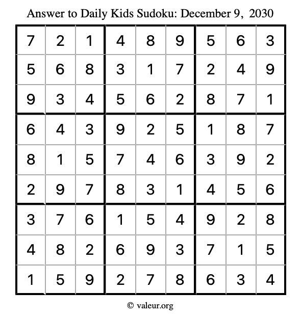 Answer to kids sudoku December 9, 2030