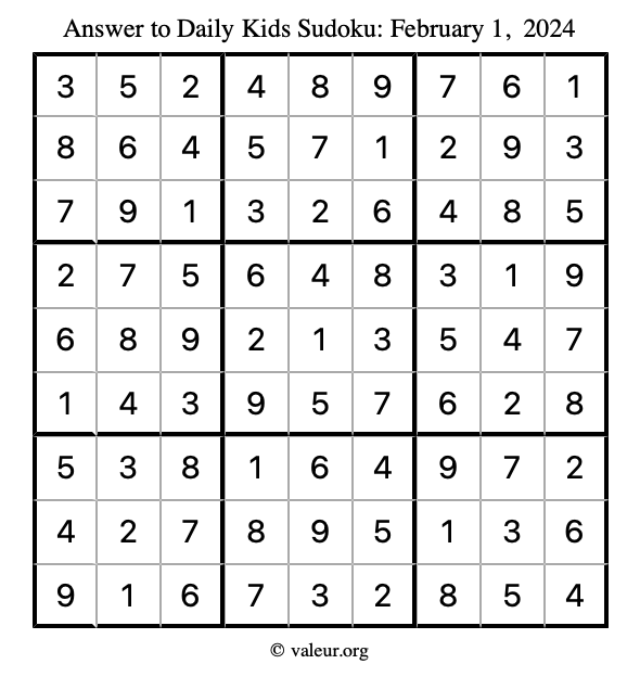 Answer to kids sudoku February 1, 2024