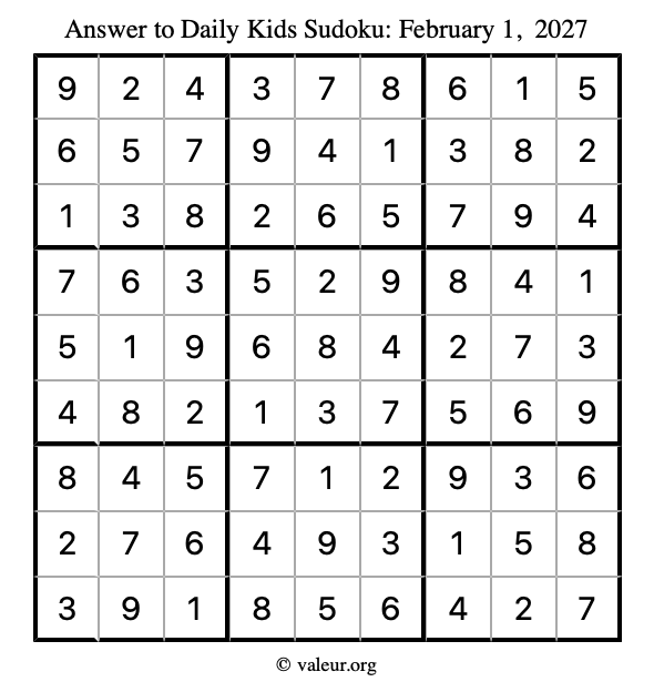 Answer to kids sudoku February 1, 2027