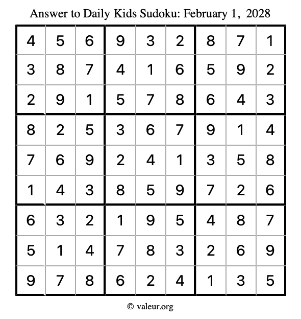 Answer to kids sudoku February 1, 2028
