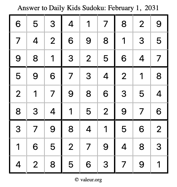 Answer to kids sudoku February 1, 2031