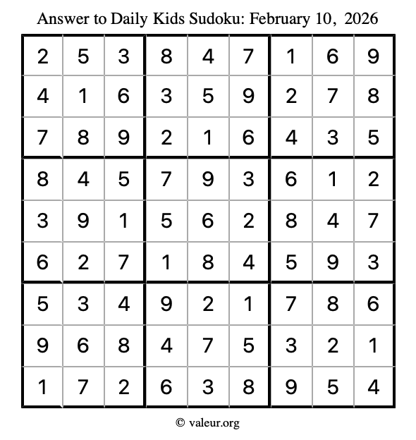 Answer to kids sudoku February 10, 2026