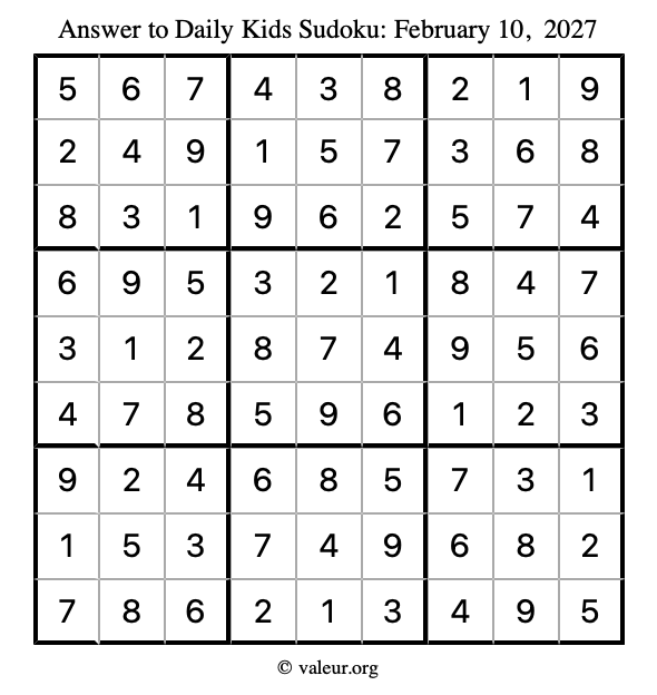 Answer to kids sudoku February 10, 2027