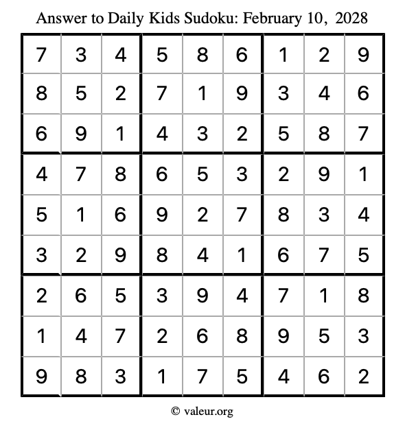 Answer to kids sudoku February 10, 2028