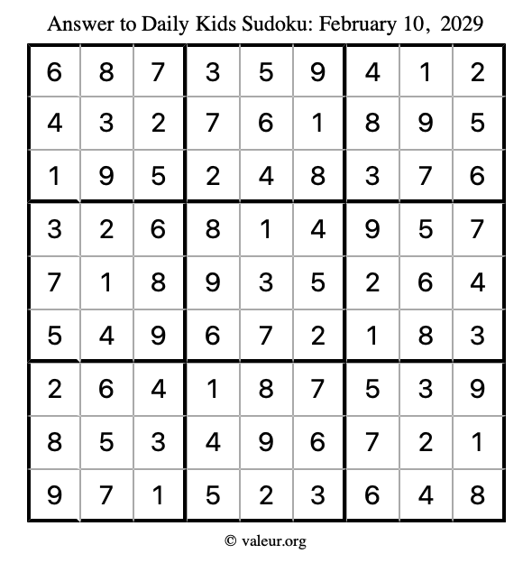 Answer to kids sudoku February 10, 2029