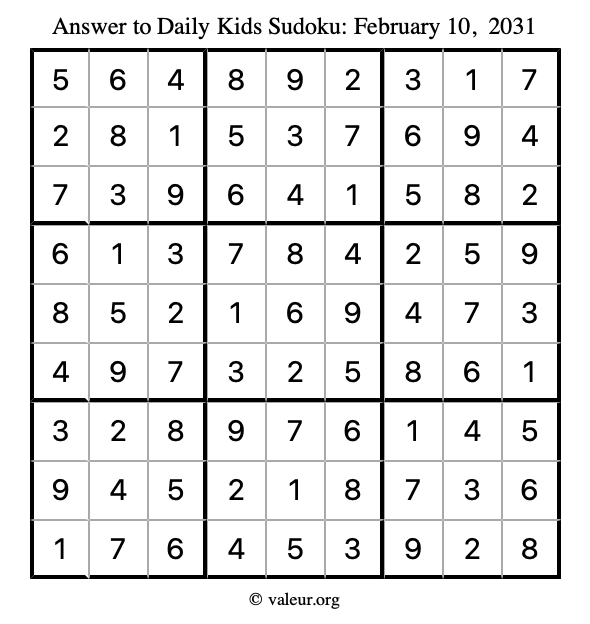 Answer to kids sudoku February 10, 2031