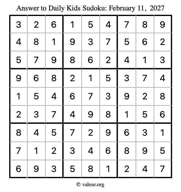Answer to kids sudoku February 11, 2027