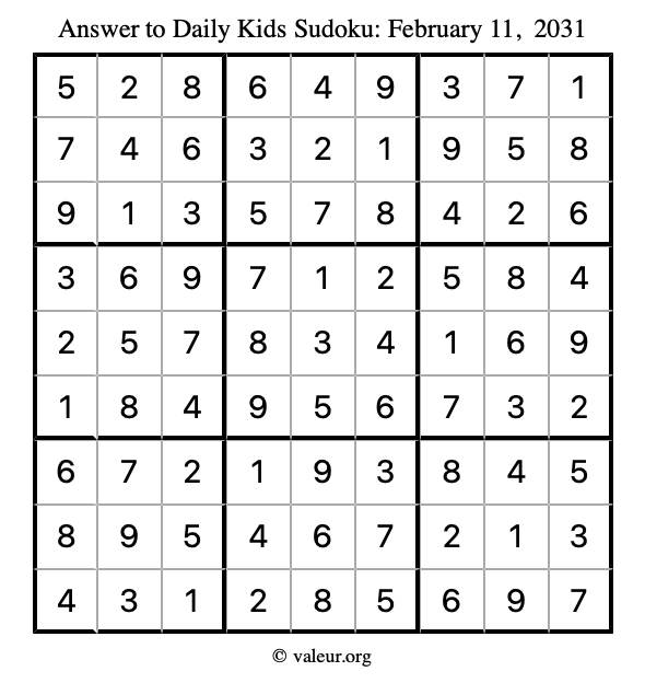 Answer to kids sudoku February 11, 2031