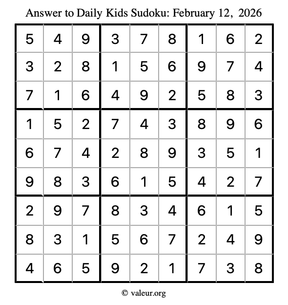 Answer to kids sudoku February 12, 2026