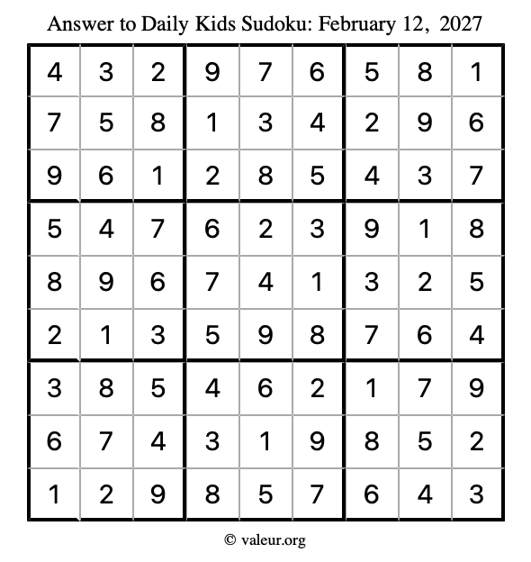 Answer to kids sudoku February 12, 2027