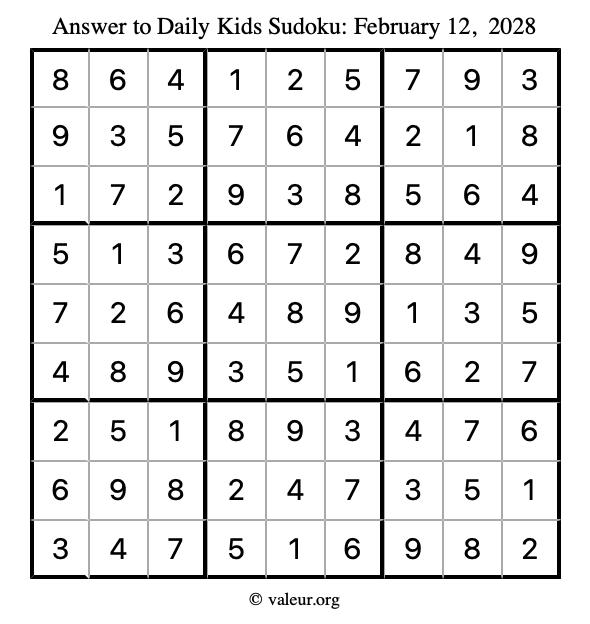 Answer to kids sudoku February 12, 2028