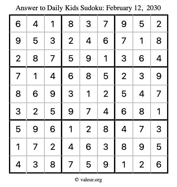 Answer to kids sudoku February 12, 2030