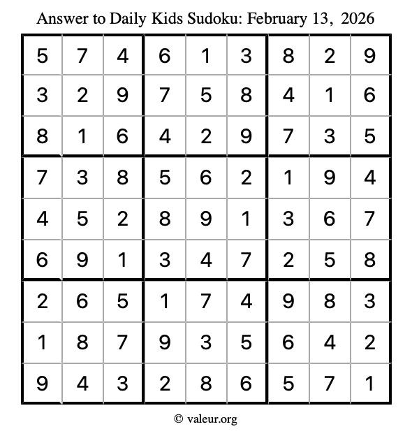 Answer to kids sudoku February 13, 2026