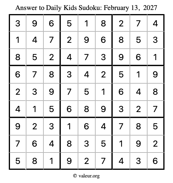 Answer to kids sudoku February 13, 2027