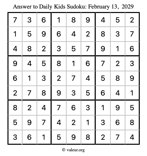 Answer to kids sudoku February 13, 2029