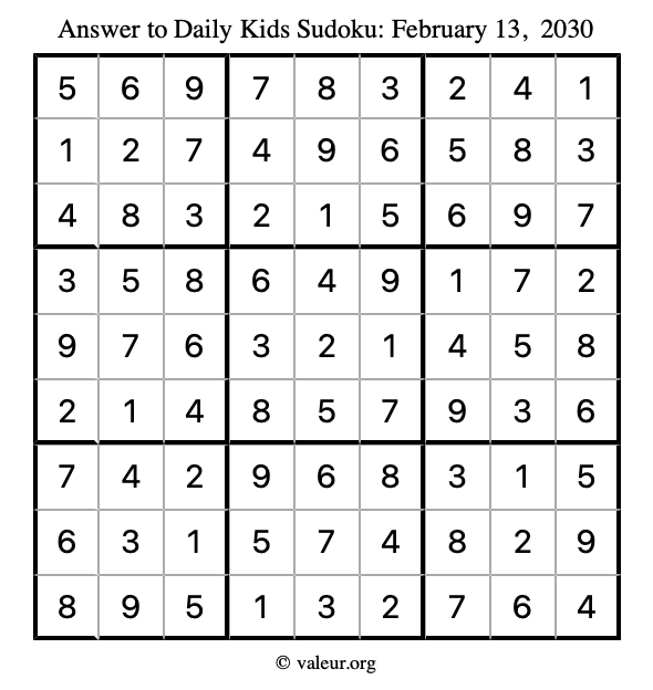 Answer to kids sudoku February 13, 2030