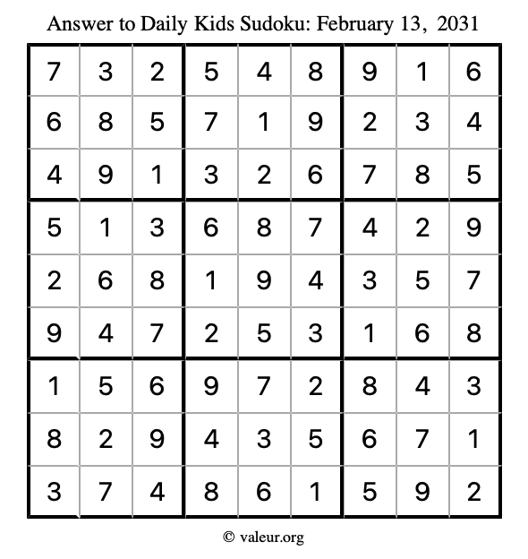 Answer to kids sudoku February 13, 2031