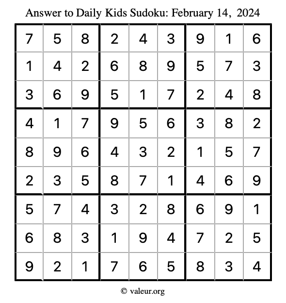 Answer to kids sudoku February 14, 2024
