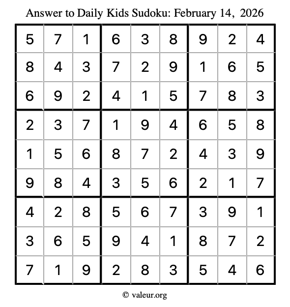 Answer to kids sudoku February 14, 2026