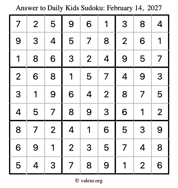 Answer to kids sudoku February 14, 2027