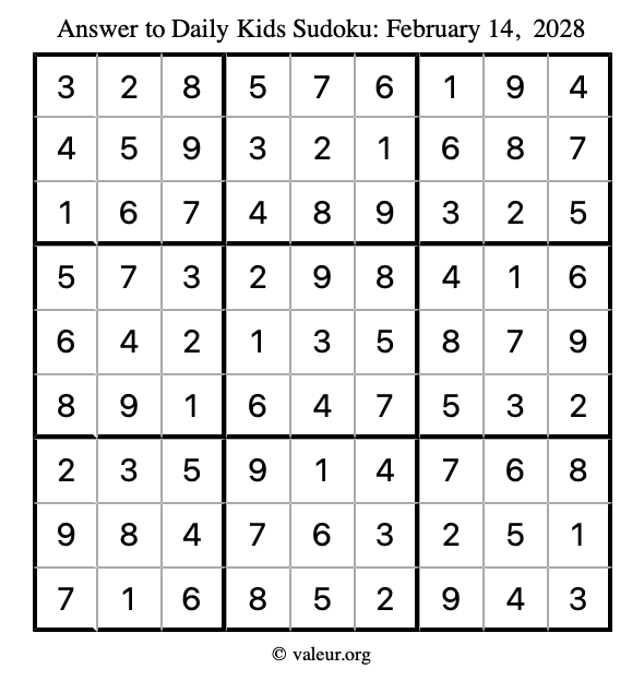 Answer to kids sudoku February 14, 2028