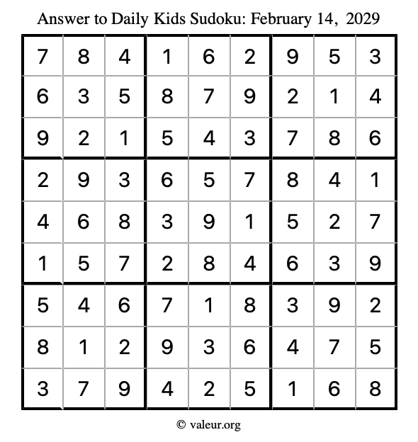 Answer to kids sudoku February 14, 2029