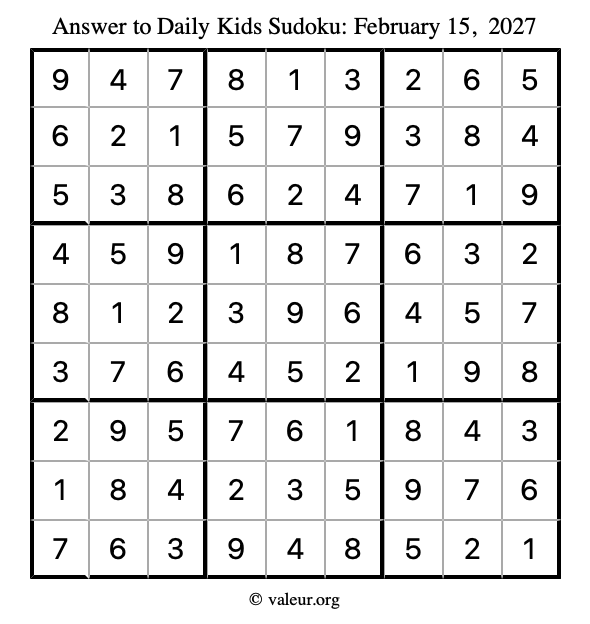Answer to kids sudoku February 15, 2027