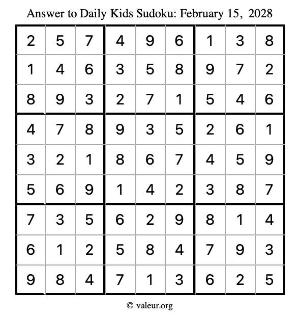 Answer to kids sudoku February 15, 2028