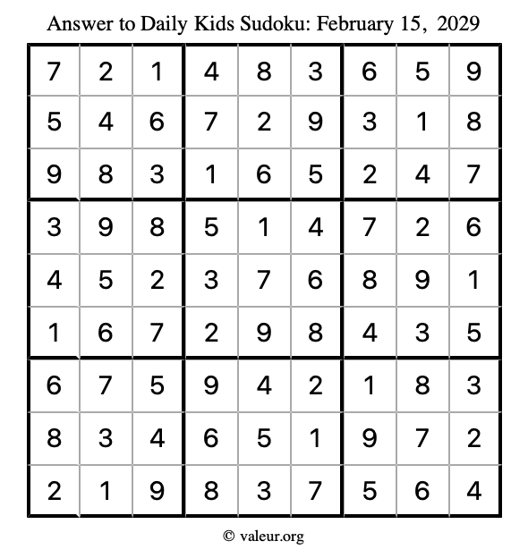 Answer to kids sudoku February 15, 2029