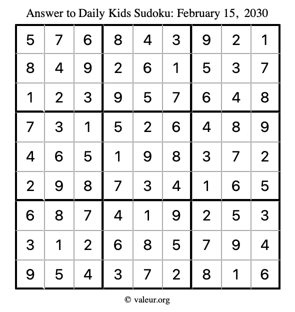 Answer to kids sudoku February 15, 2030