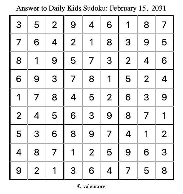 Answer to kids sudoku February 15, 2031