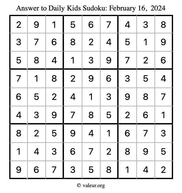 Answer to kids sudoku February 16, 2024