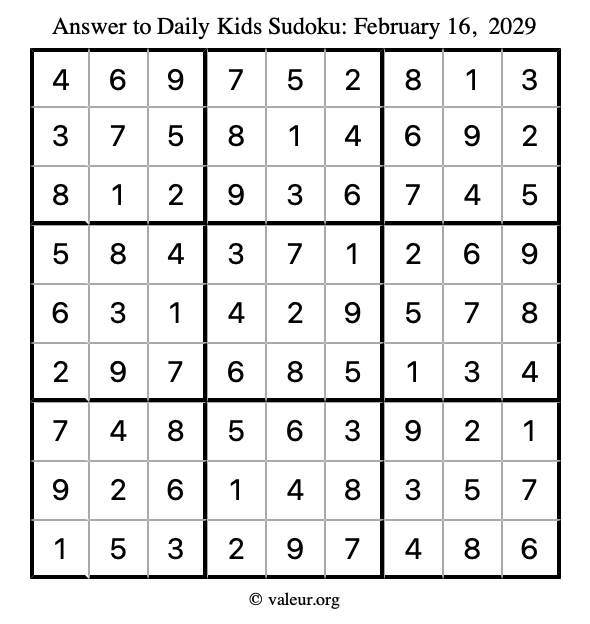 Answer to kids sudoku February 16, 2029