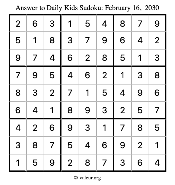 Answer to kids sudoku February 16, 2030