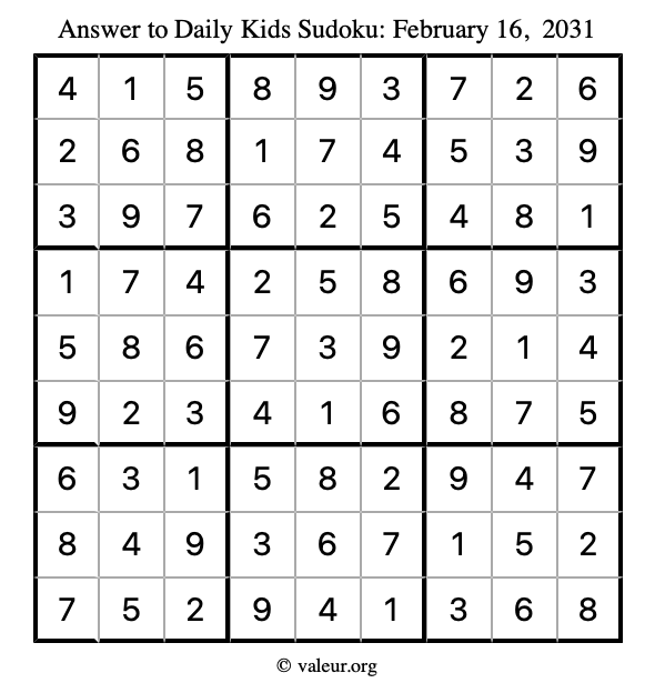 Answer to kids sudoku February 16, 2031